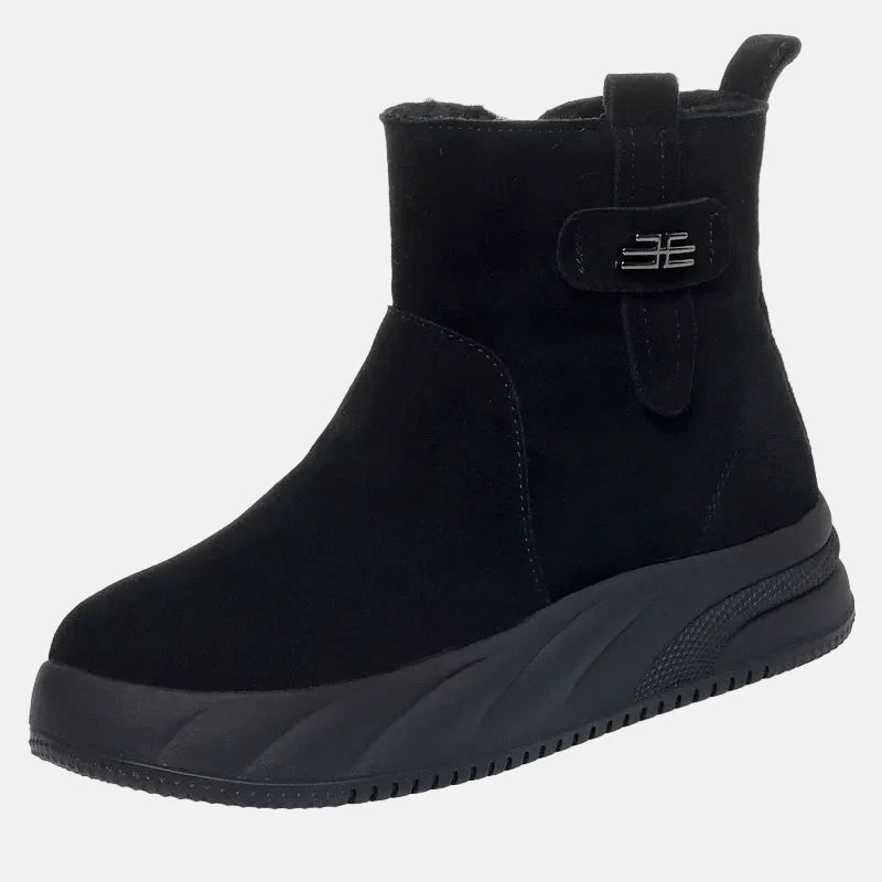 Women's fur-lined ankle boots, faux suede upper, side zip, plush faux fur lining, warm winter style