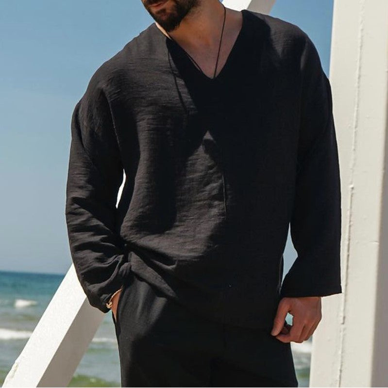 Men's beige linen relaxed-fit V-neck shirt, lightweight breathable summer beachwear with casual drape