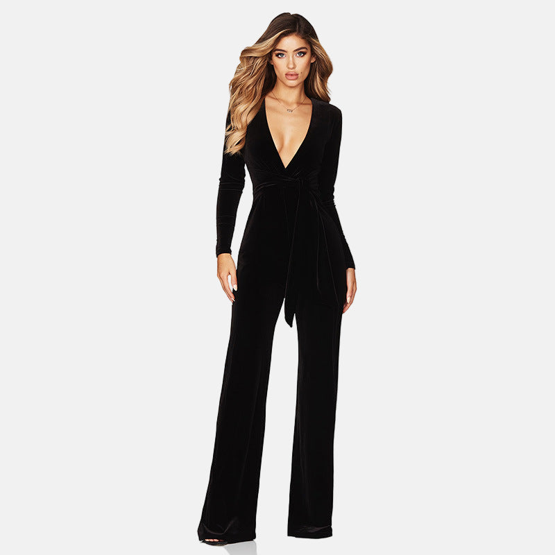 Women's burgundy velvet wide-leg wrap jumpsuit with deep V-neck for elegant evening silhouette