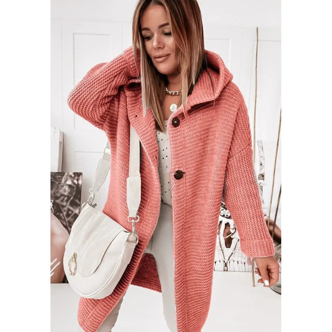 Women's hooded longline ribbed knit cardigan loose fit drop shoulder button-front cozy layering