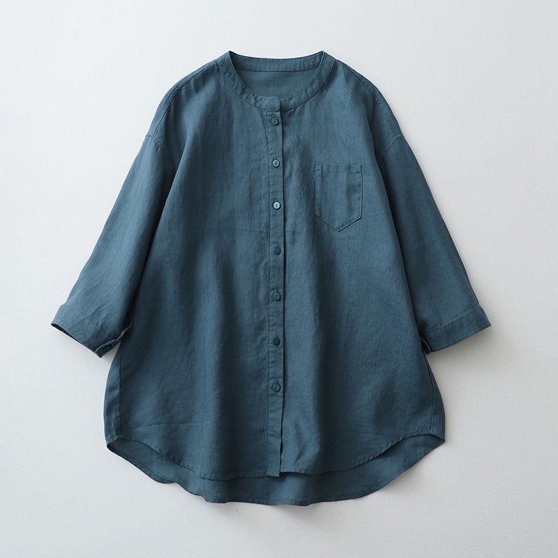 Women oversized minimalist shirt three-quarter sleeves natural fiber breathable relaxed silhouette