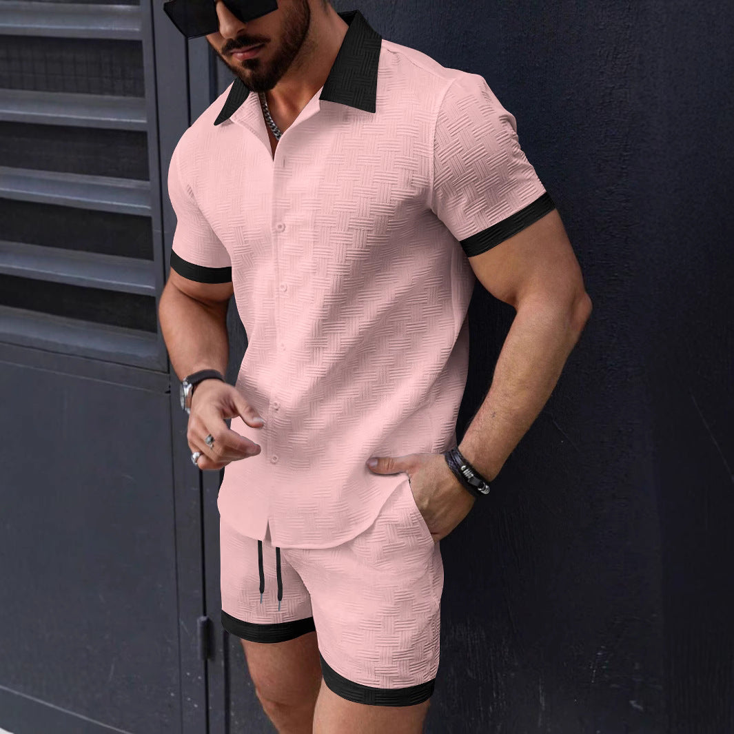 Men's slim fit short sleeve button-down shirt with contrast trim detail, modern casual style