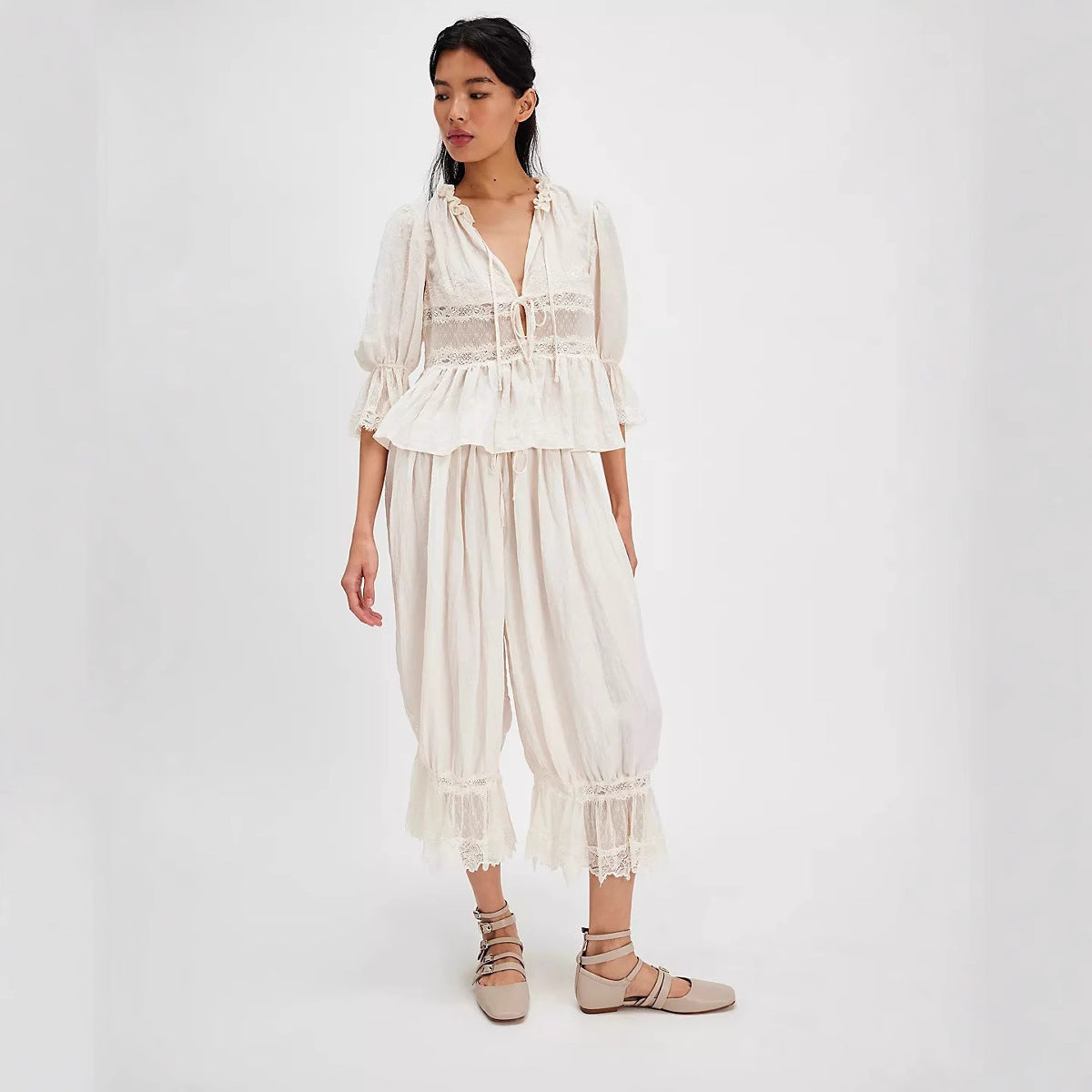 Women's lightweight viscose pajama set V-neck bow lace edging soft relaxed fit sleepwear