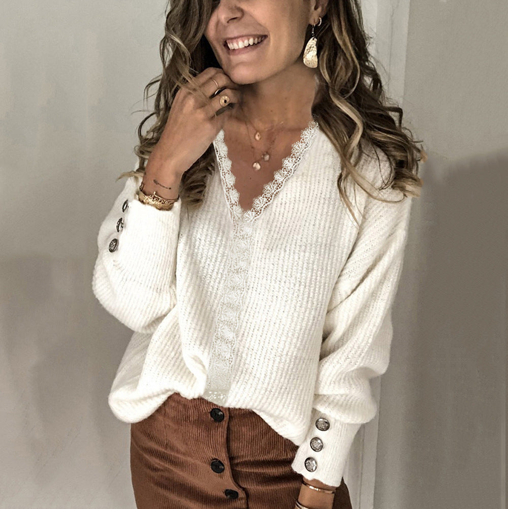 Women's relaxed fit ribbed knit pullover sweater V-neck with button cuff sleeves cozy style