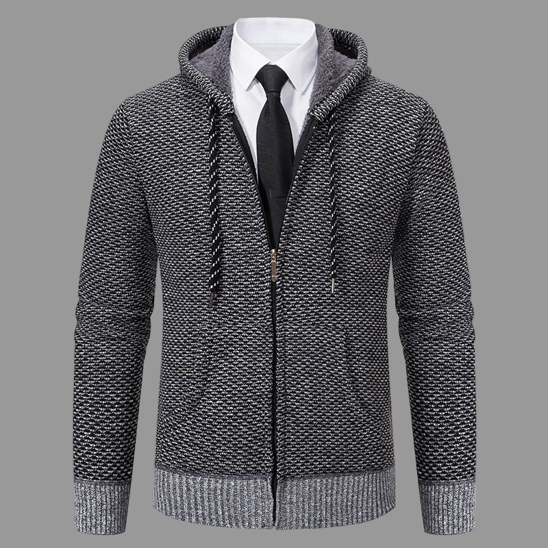 Men's gray hooded cardigan knit blend full-zip regular fit with ribbed cuffs smart casual layering