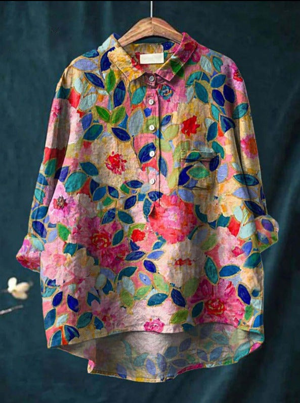 Women's floral button-up shirt loose fit blouse with vibrant color-rich print for everyday chic style