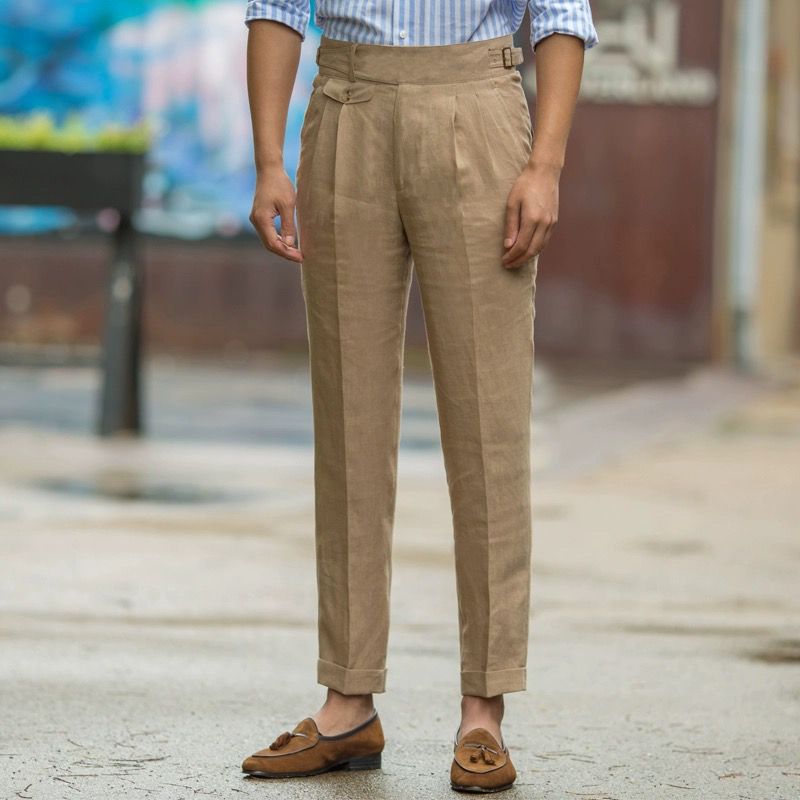 Men's slim fit high-waisted linen trousers with pleated front and adjustable waist smart casual