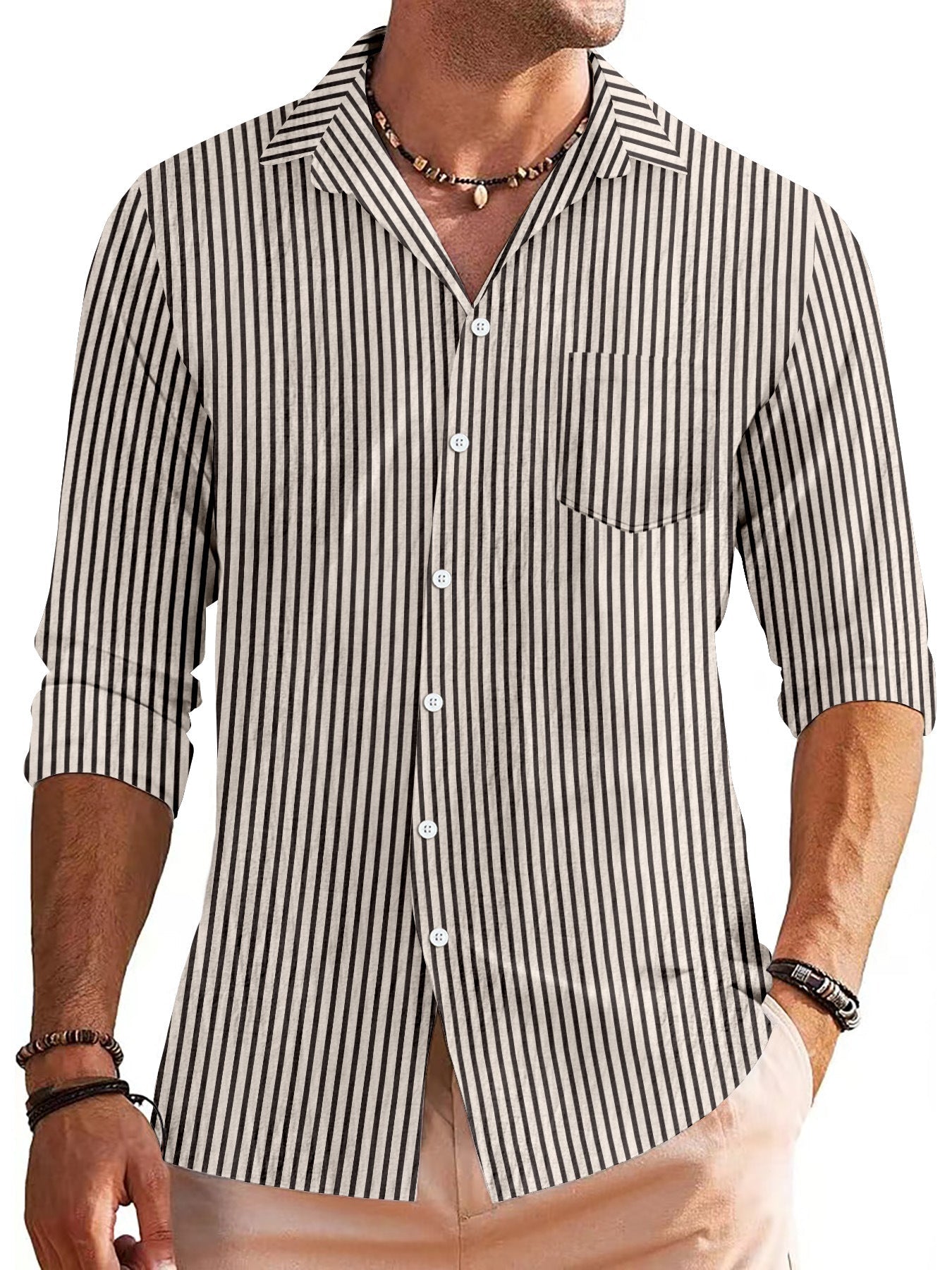 Men's regular fit long sleeve striped shirt with chest pocket in breathable fabric for smart casual wear