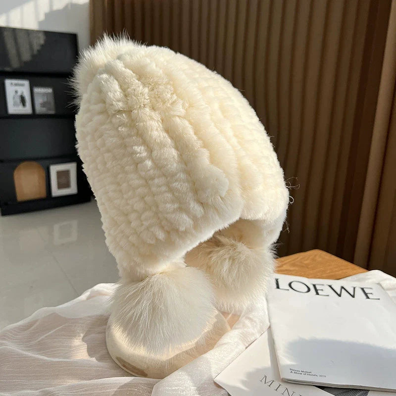 Women's ribbed knit beanie hat with fur trim pompoms, close-fit cozy winter style