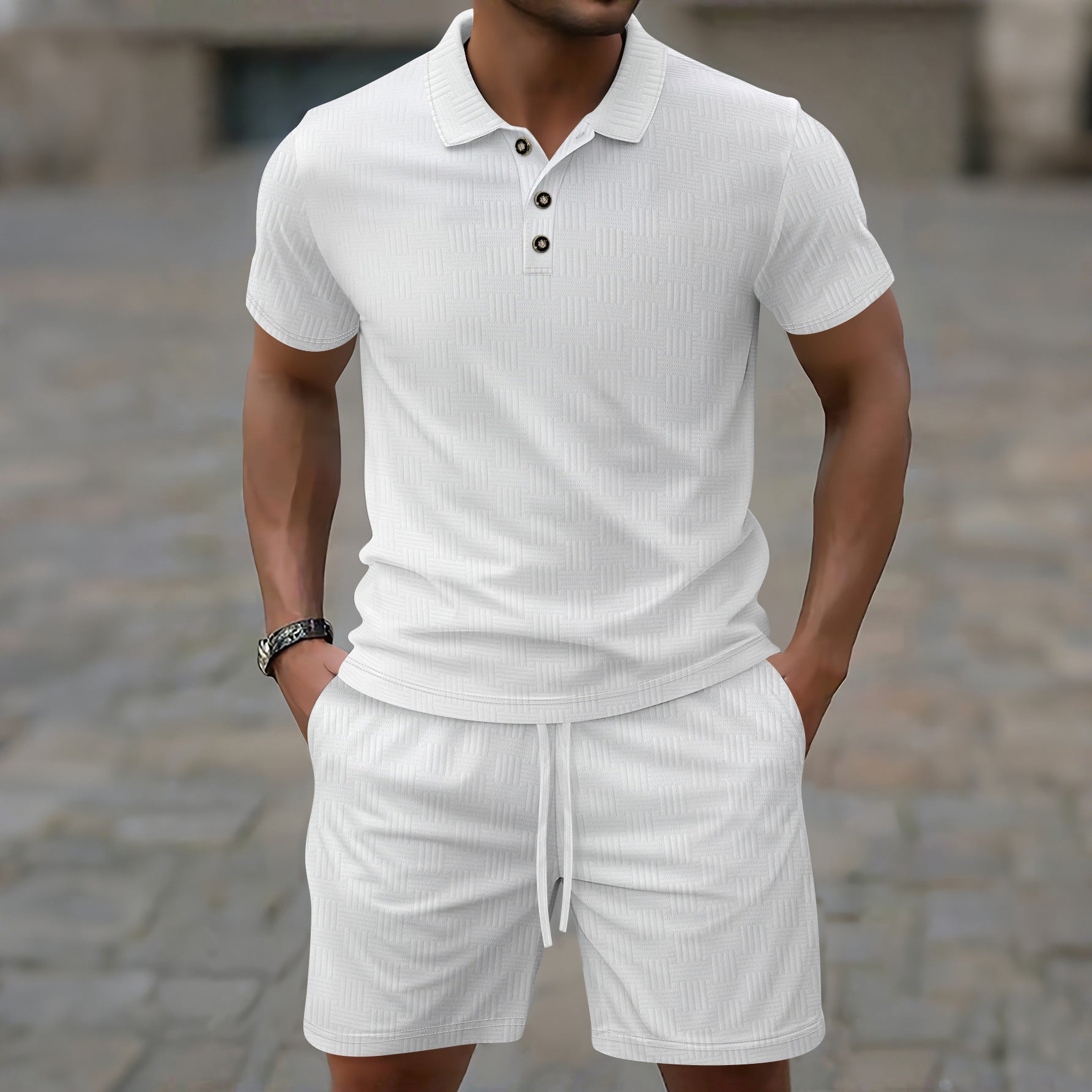 Men's slim fit short sleeve casual t-shirt with breathable texture and button closure for everyday style