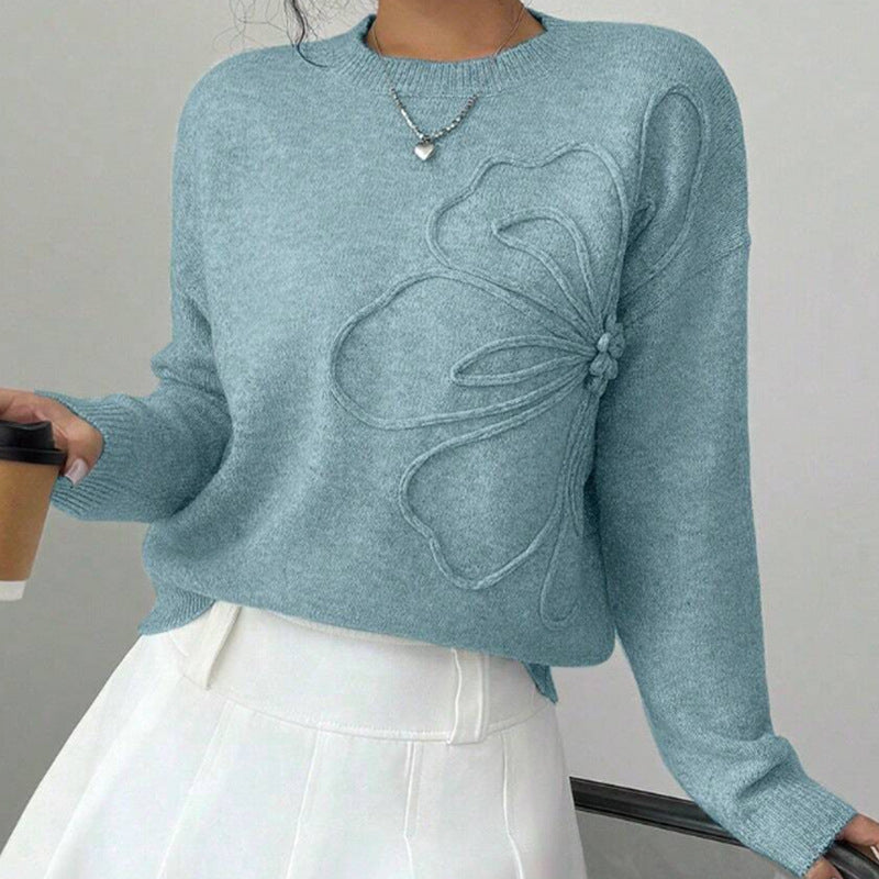 Women's relaxed fit wool pullover sweater with elegant embossed floral texture for cozy everyday style