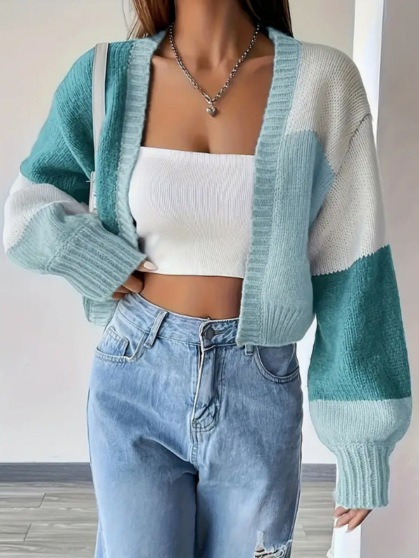 Women's short-fit V-neck knit cardigan in color-block pattern, soft wool blend, polished everyday style