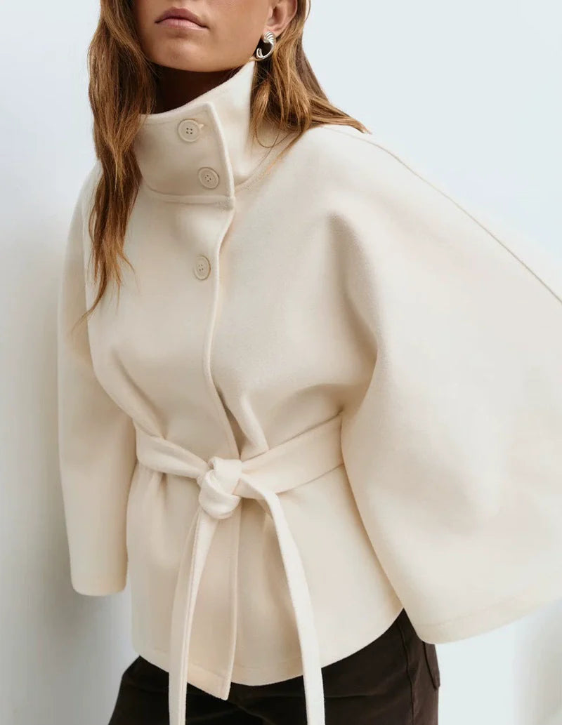 Women's wool belted cape jacket high neck loose fit button front chic versatile outerwear