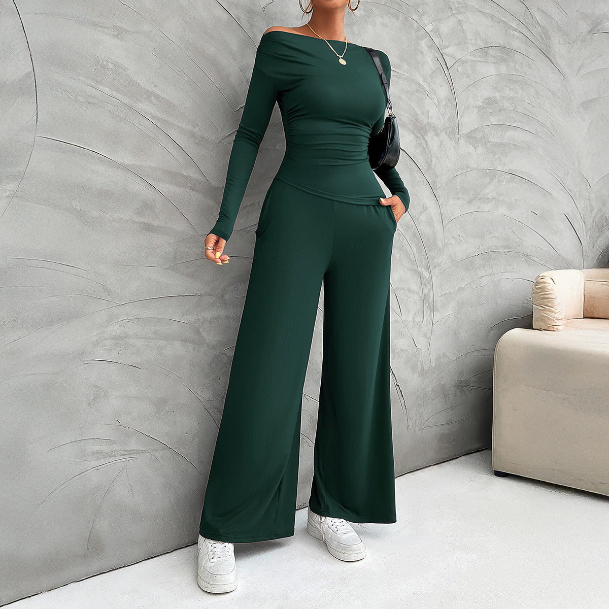 Women's Nordic slim-fit blazer top and high-waisted wide-leg pants suit set, professional two-piece