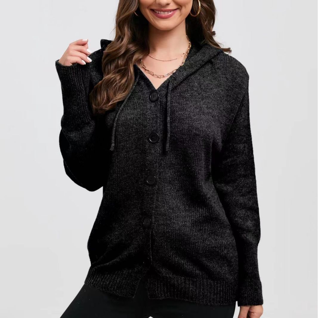 Women's hooded knit cardigan relaxed fit button closure cozy ribbed edges everyday comfort