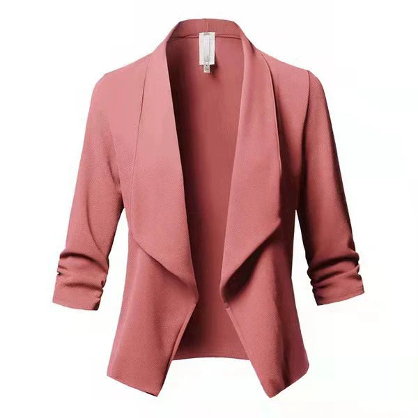 Women's soft knit open-front blazer with draped waterfall collar, lightweight relaxed silhouette