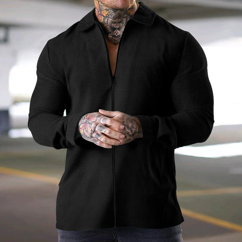 Men's textured woven fabric long sleeve shirt, regular fit zip-front closure, refined casual style