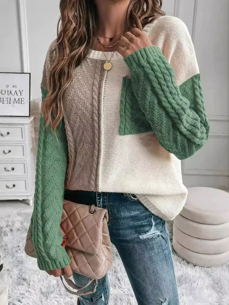 Women's wool knit relaxed fit pullover sweater with patchwork design and chest pocket