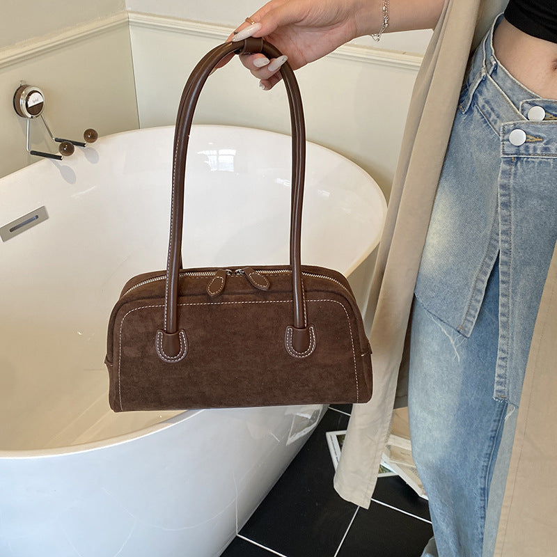 Denise mini top-handle bag soft faux suede vegan leather trim compact chic women's handbag