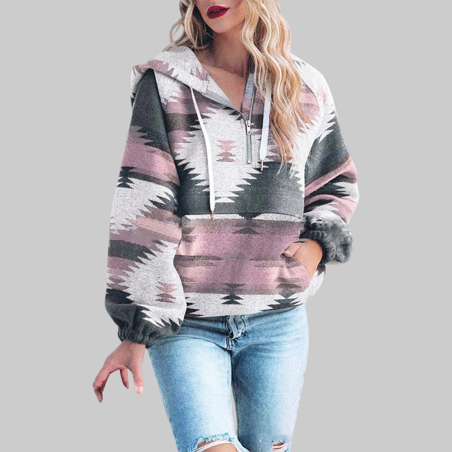 Women's colorful boho print half-zip hoodie cozy relaxed fit layering essential
