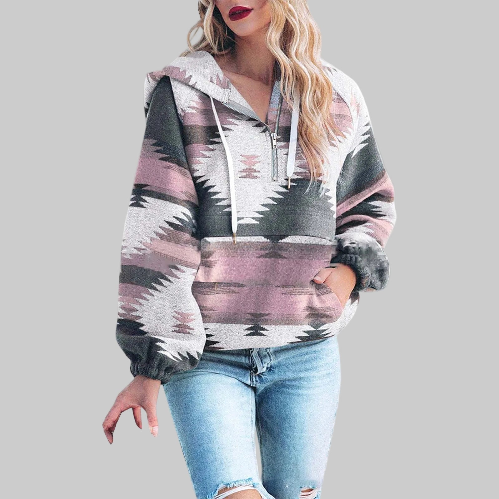 Women's colorful boho print half-zip hoodie cozy relaxed fit layering essential