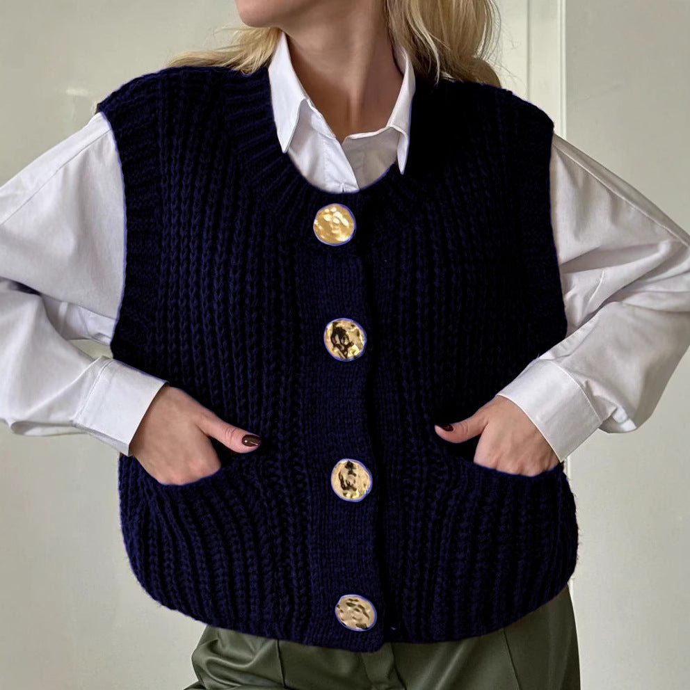 Women's wool blend ribbed knit oversized vest with button front closure and side pockets