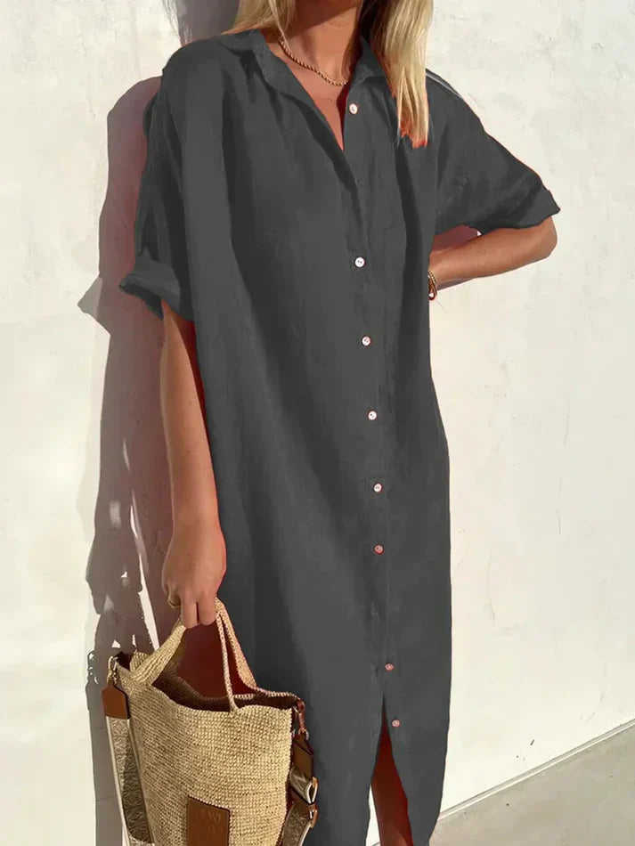 Delia women's cotton linen casual dress, loose fit, wide sleeves with elegant button detailing