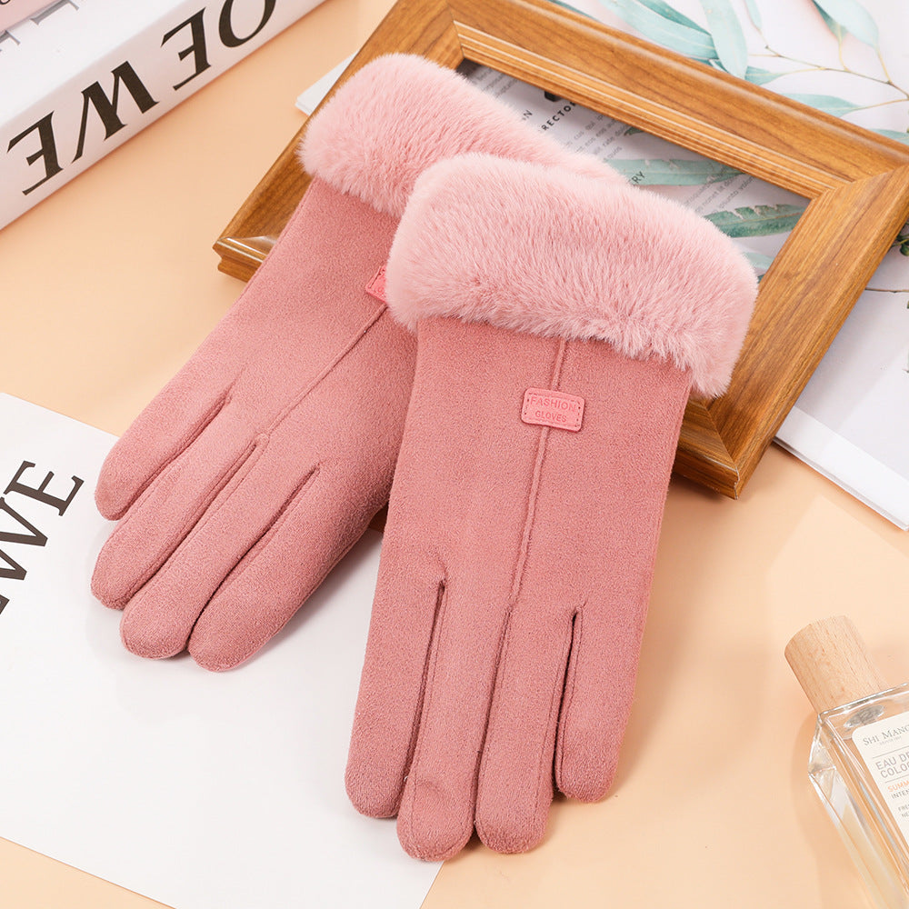 Women's fitted winter gloves suede finish plush faux fur cuff solid color cozy wrist-length warmth