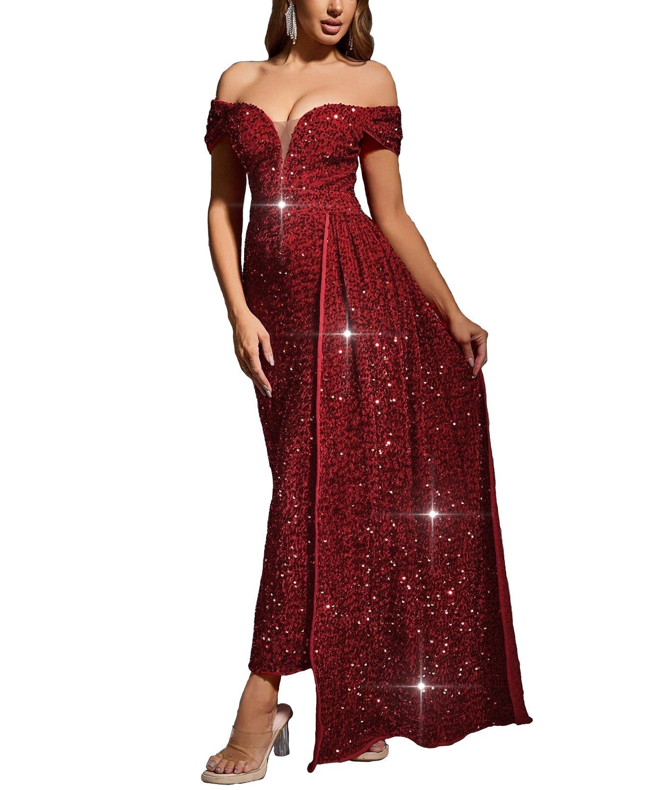 Rose sequin off-shoulder full-length evening gown sleeveless fitted glamorous sparkle formal dress