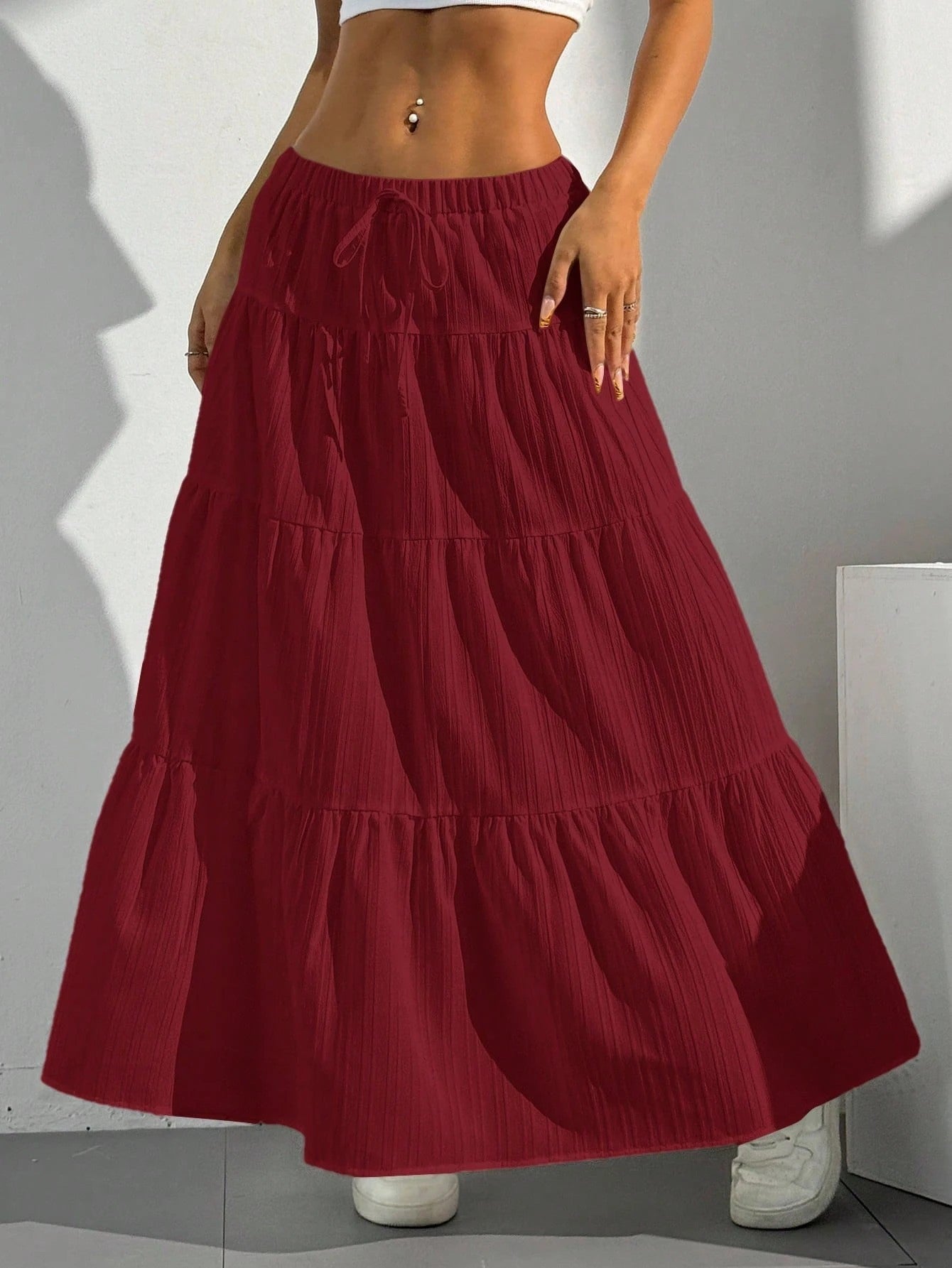 Women's boho chic A-line long skirt lightweight cotton blend gathered ruffles flowy silhouette