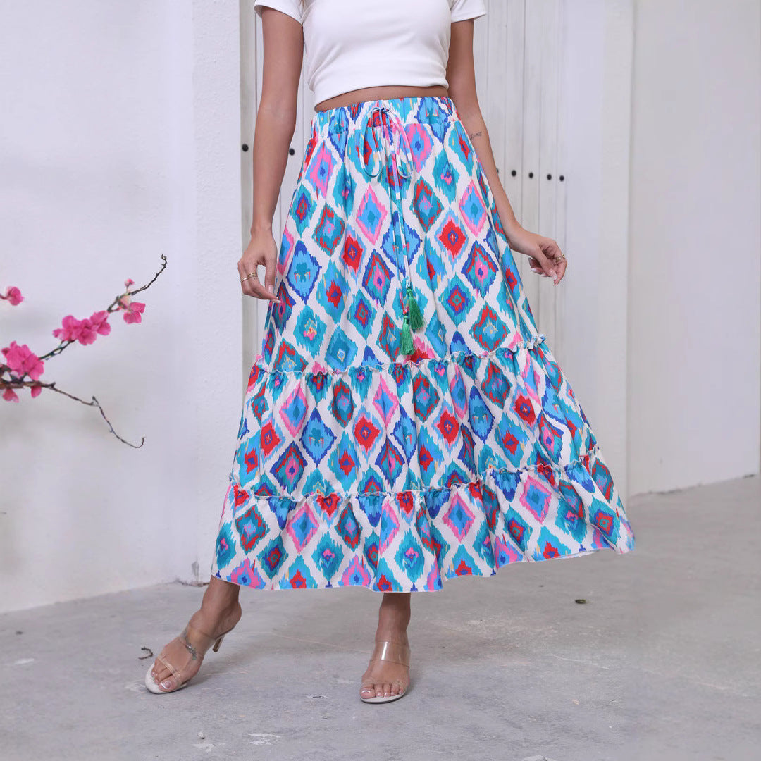 Women's boho maxi skirt high waist tiered silhouette fringe waistband cotton-feel fabric