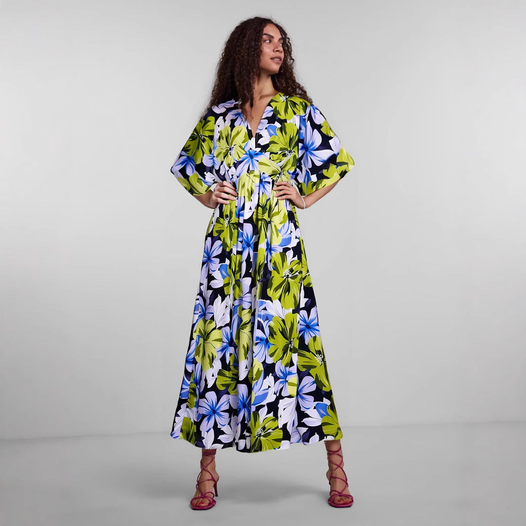 Floral midi dress women V-neckline flowy silhouette breathable spring summer effortless style