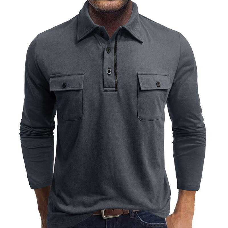 Men's long sleeve polo shirt regular fit breathable two chest pockets casual versatile top