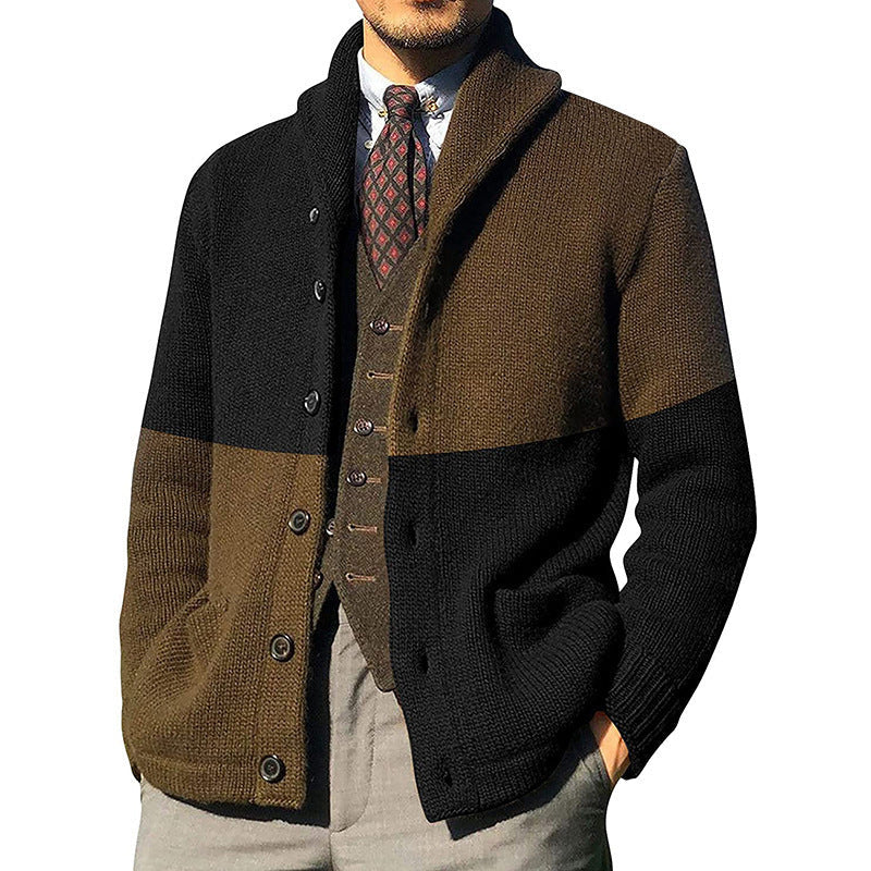 Men's relaxed-knit cardigan with rolled shawl collar, button front, and patch pockets for modern style