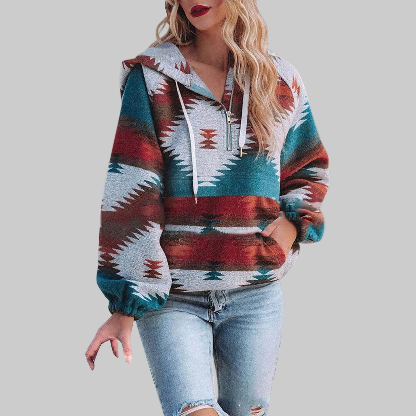 Women's colorful boho print half-zip hoodie cozy layering essential with vibrant pattern