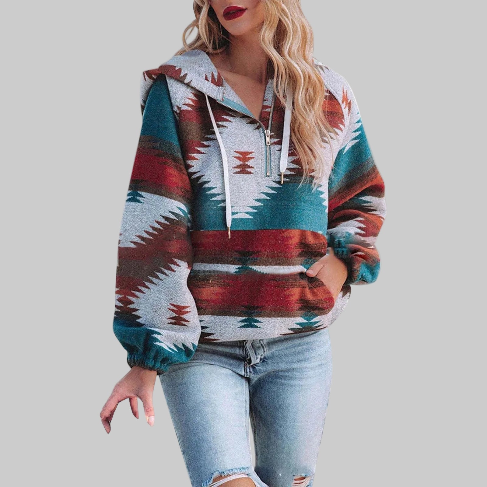 Women's colorful boho print half-zip hoodie cozy layering essential with vibrant pattern