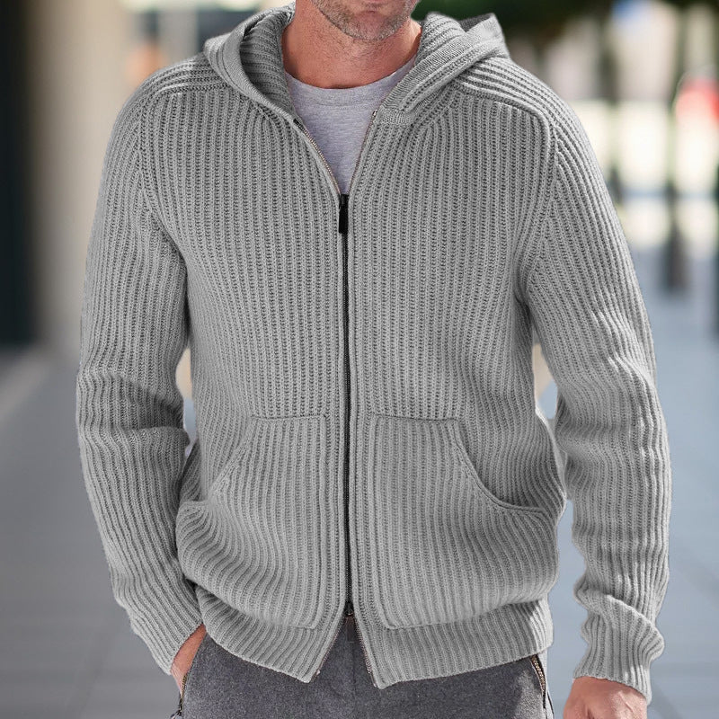 Men's heather gray hooded knit cardigan relaxed fit full-zip ribbed texture casual layering