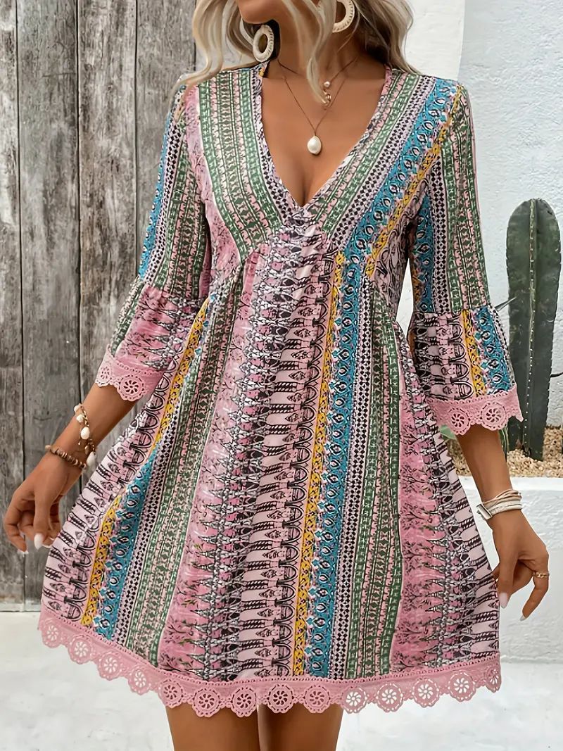 Women's A-line boho print dress V-neck lace trim three-quarter sleeves flowy feminine silhouette