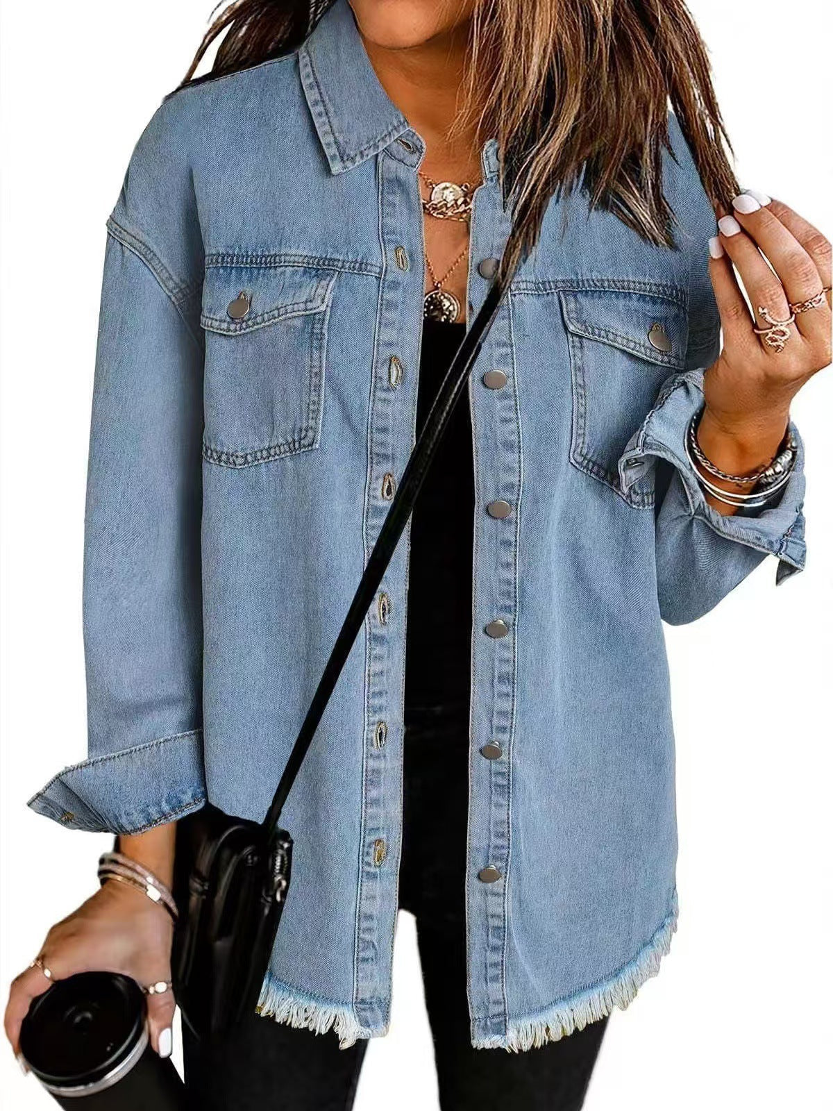 Unisex relaxed-fit washed denim jacket with button-front closure and front pockets streetwear style