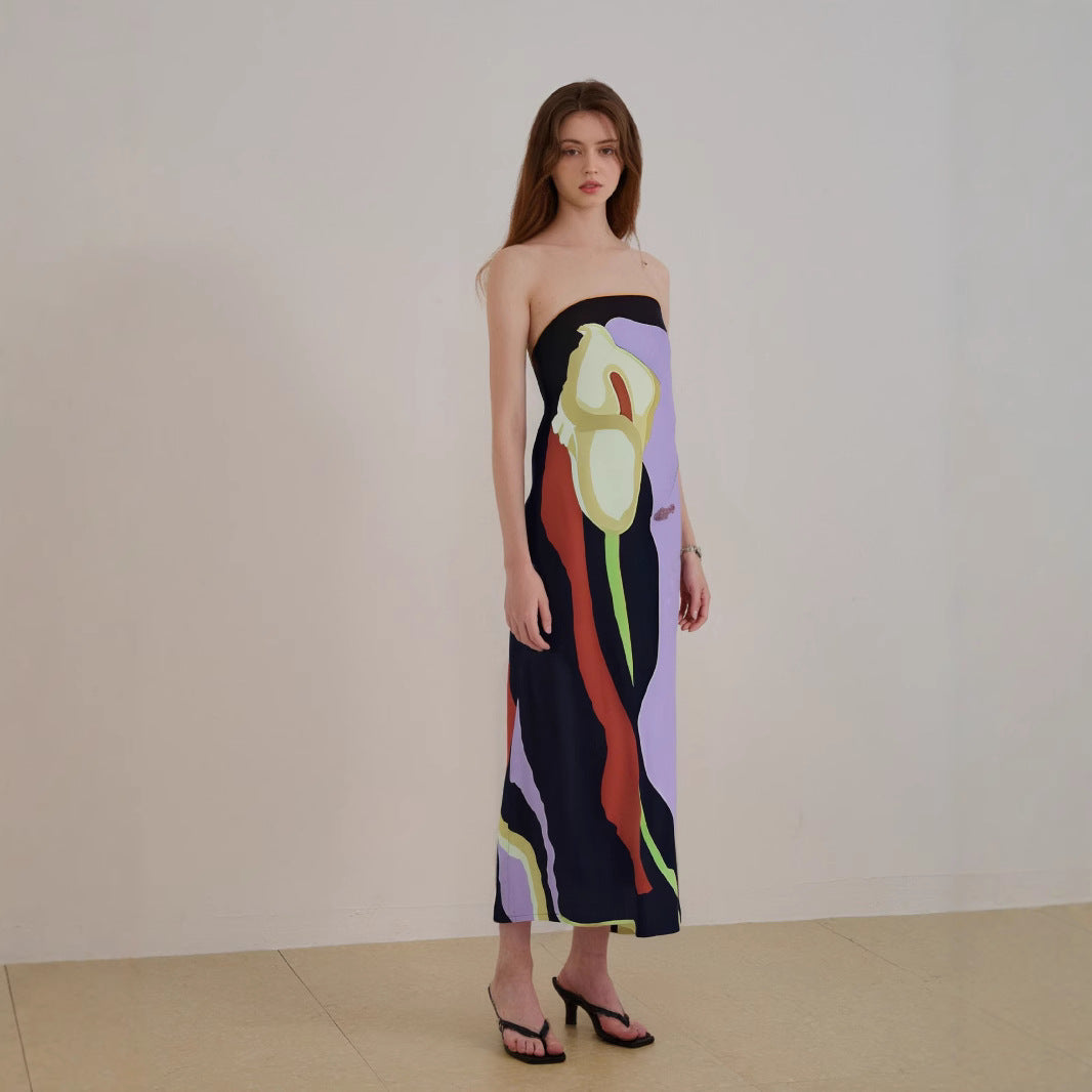 Women's strapless midi dress lightweight flowing silhouette bold abstract pattern shoulder-baring design