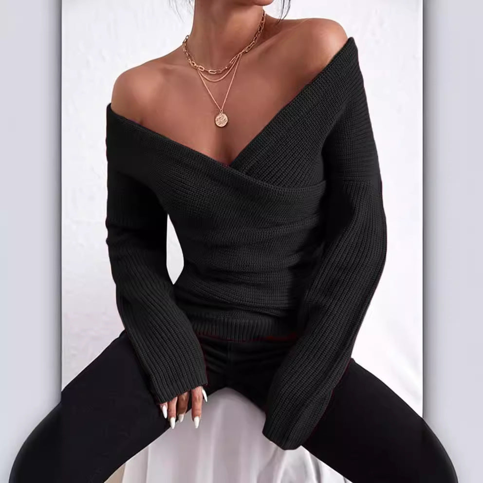Women's slim fit ribbed knit sweater off-shoulder wrap V-neck long sleeve in neutral tone