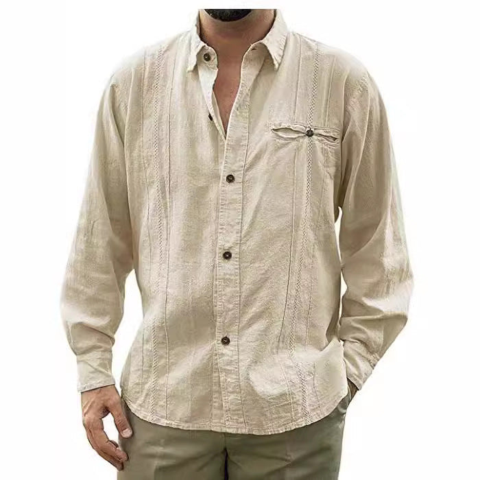 Men's relaxed fit linen shirt long sleeve button closure chest pocket breathable casual style