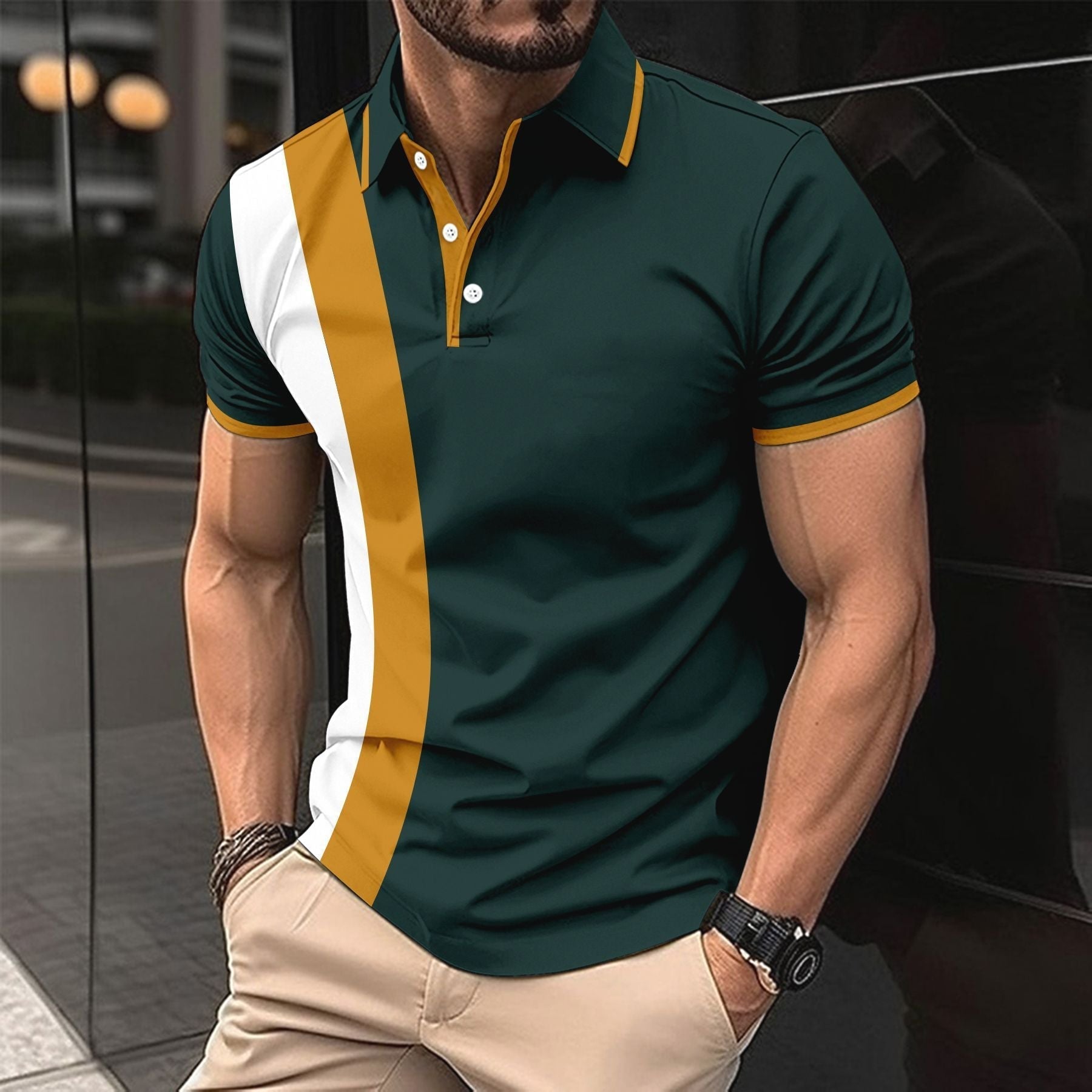 Men's slim-fit breathable cotton polo shirt with elegant collar detail, modern streamlined silhouette