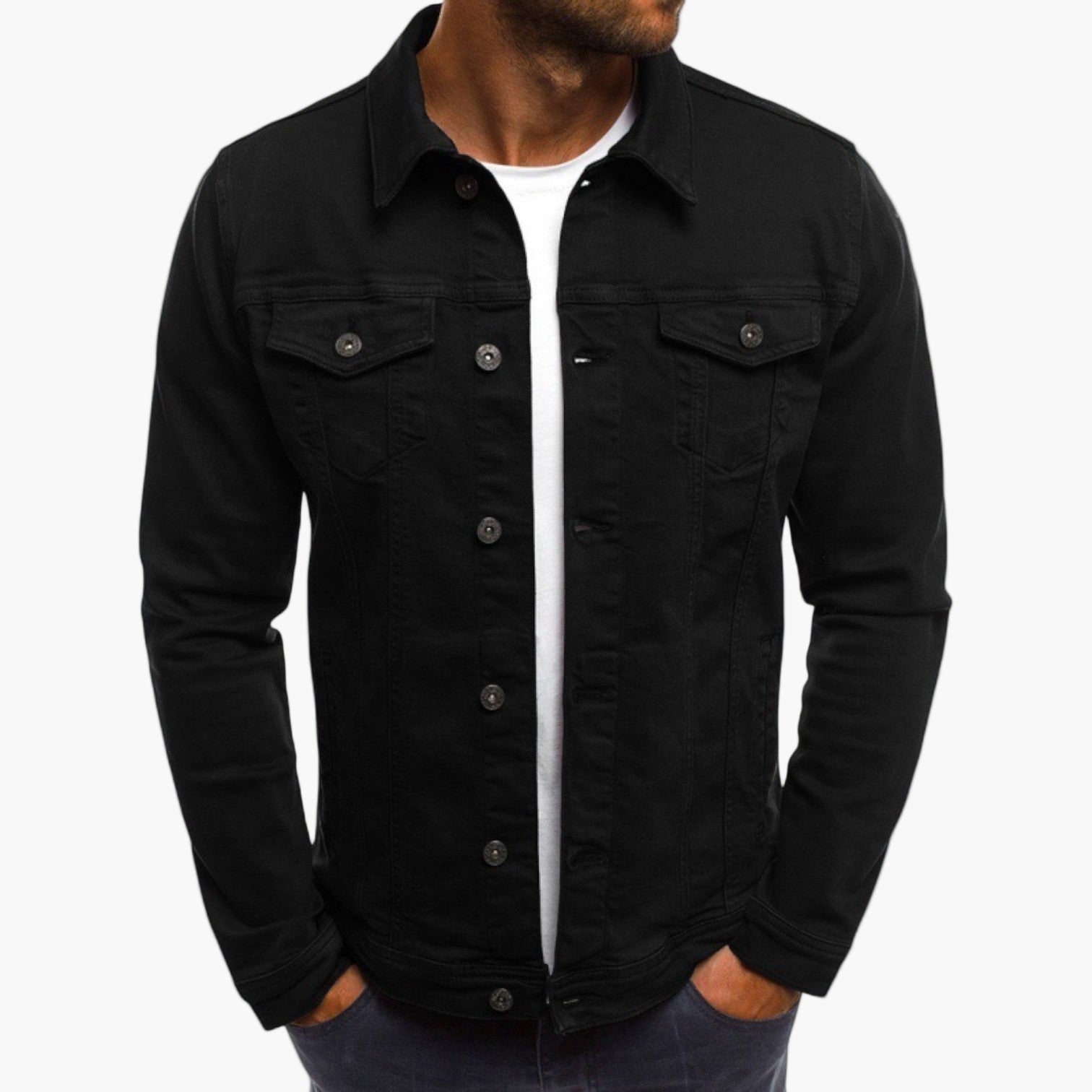 Men's slim-fit blue denim jacket with workwear patch chest pocket for office and casual wear