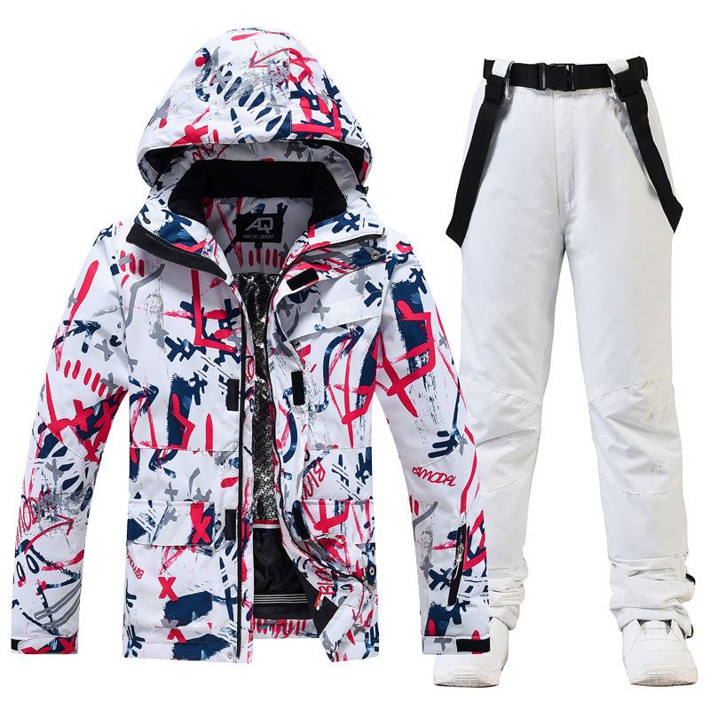 Men's two-piece ski suit set hooded jacket with suspenders water-resistant relaxed-fit winter snow gear