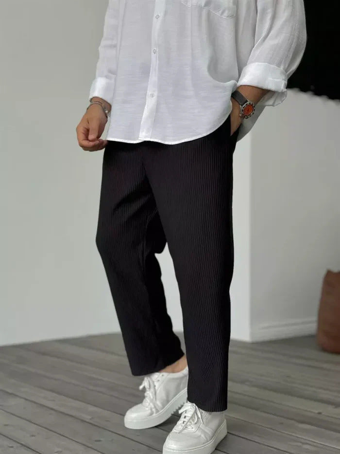 Men's striped cropped pants casual summer Hong Kong style mid-rise breathable ice-silk polyester