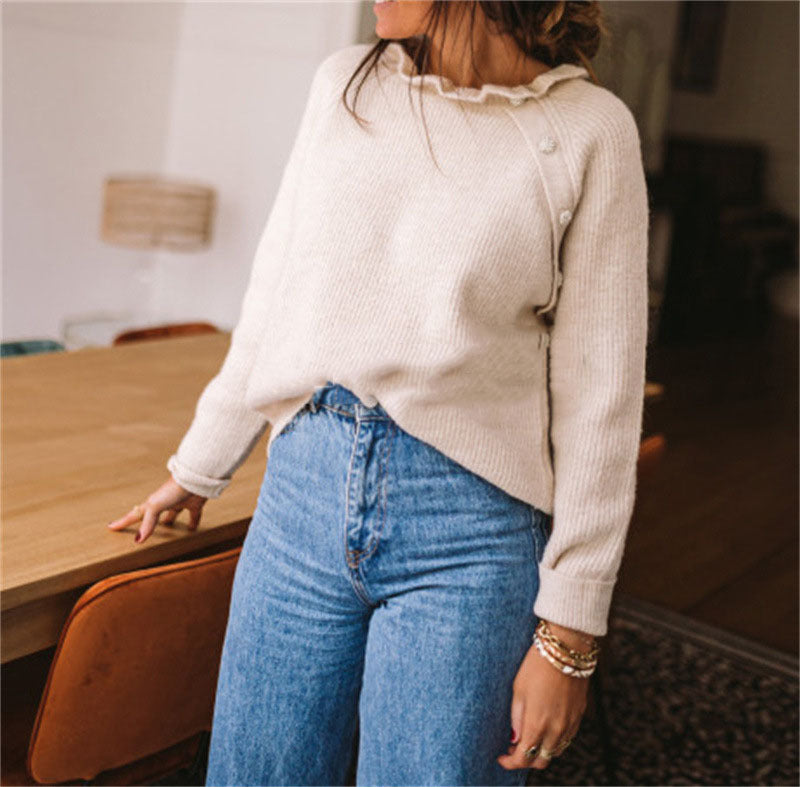Women's wool blend knitted sweater relaxed fit with delicate ruffled neckline cozy fall style