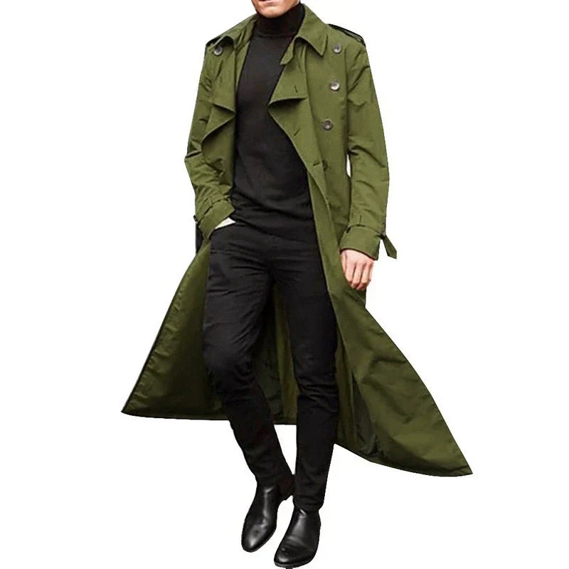 Men's tailored fit double-breasted trench coat with notched lapels, full-length professional style