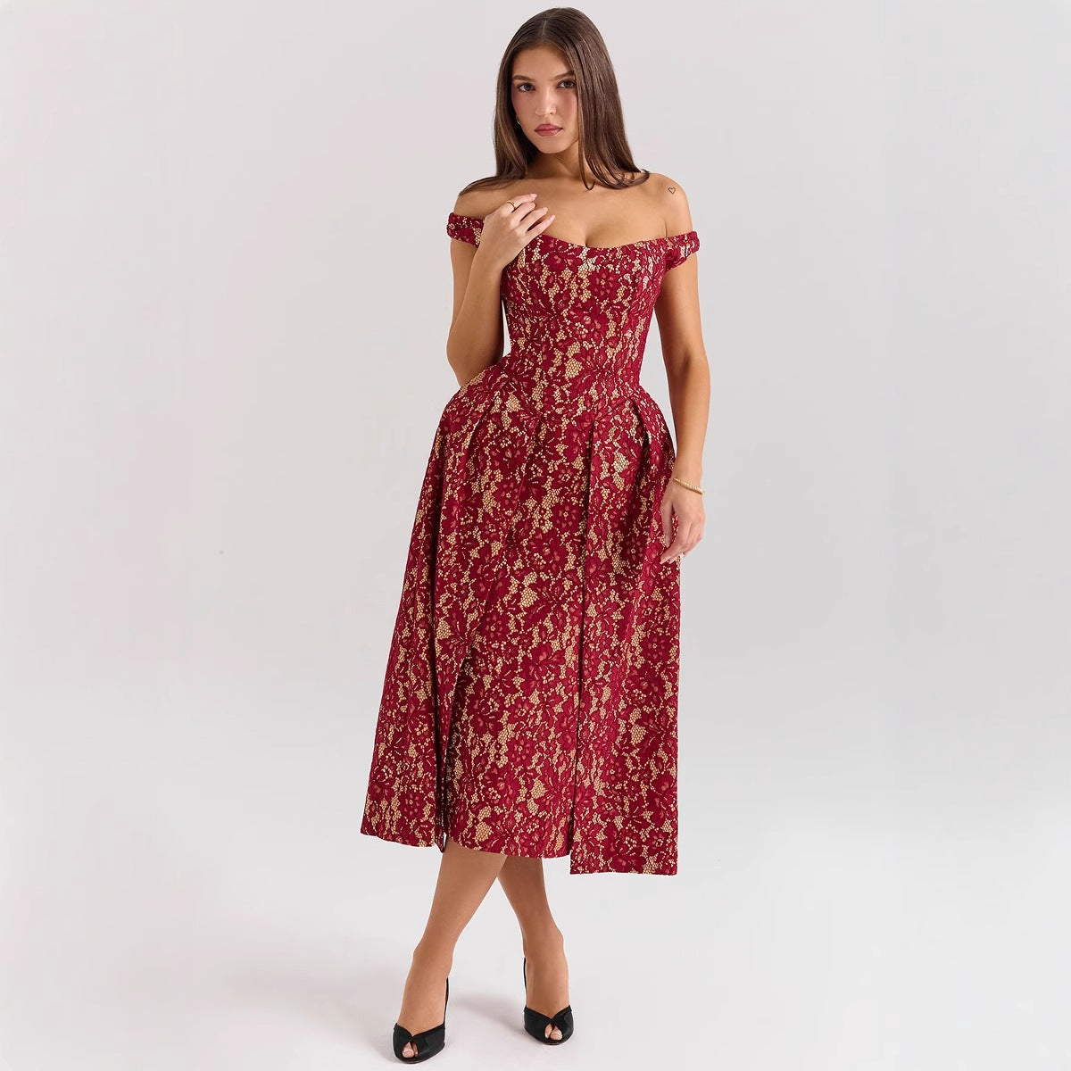 Black lace off-shoulder floor-length evening dress with open back and fitted waist