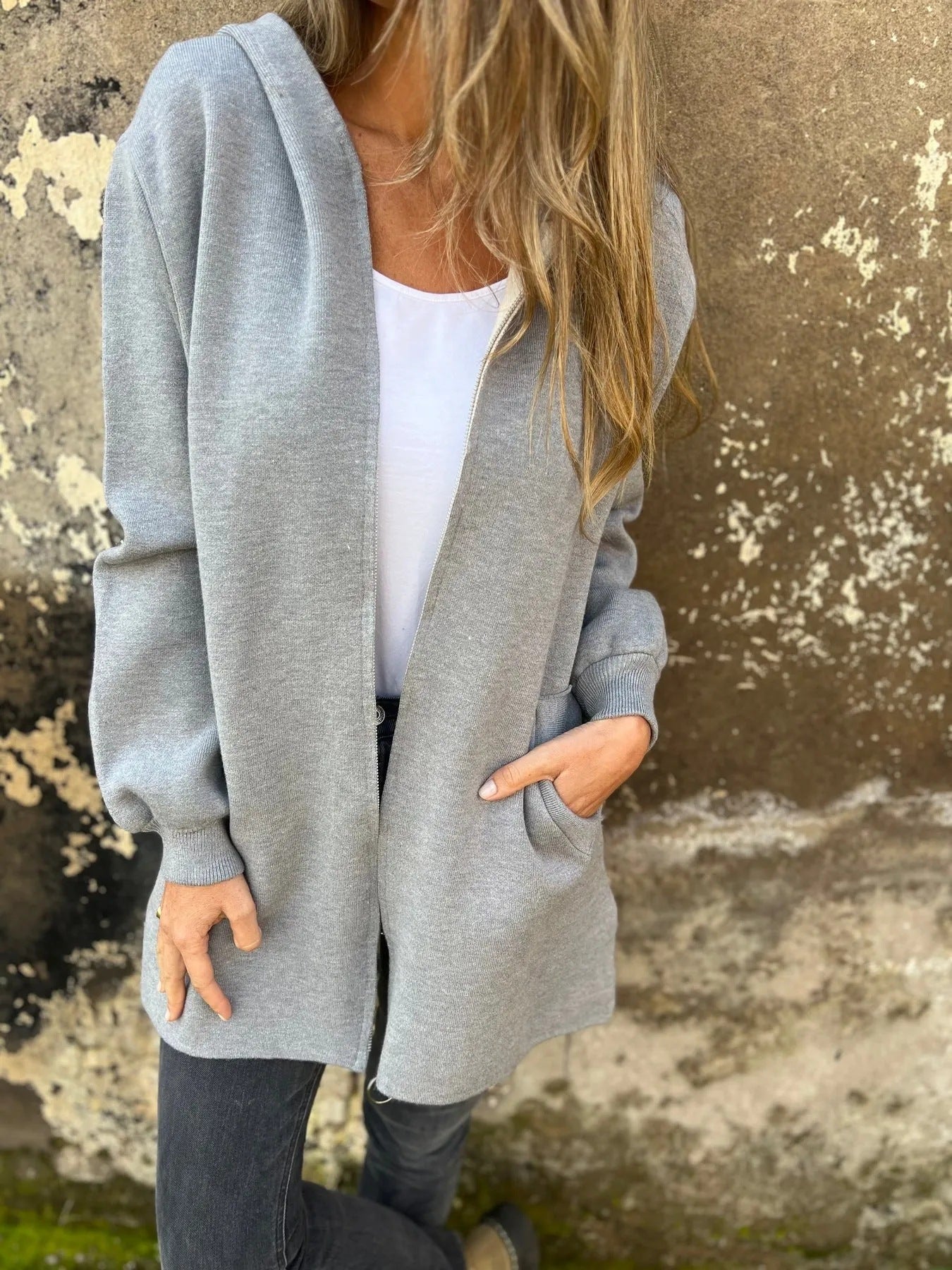 Women's cotton-blend hooded jacket relaxed fit zip-front with side pockets for cozy everyday warmth